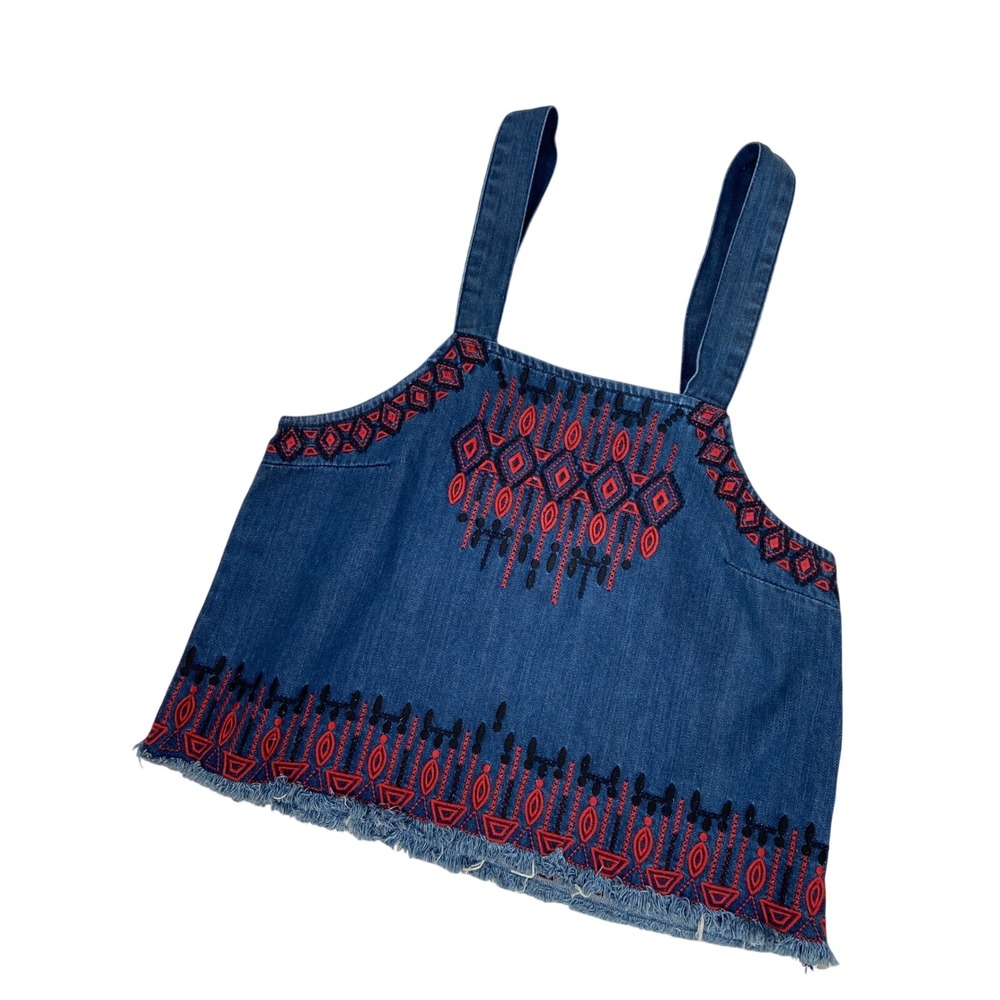 BLANKNYC Denim Crop Top Embroidered Frayed Hem Sleeveless Size Small Boho Hippie